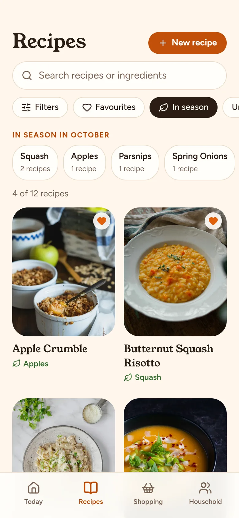 The recipe list filtered to In season in October: squash, apples and parsnips, with Apple Crumble and Butternut Squash Risotto.