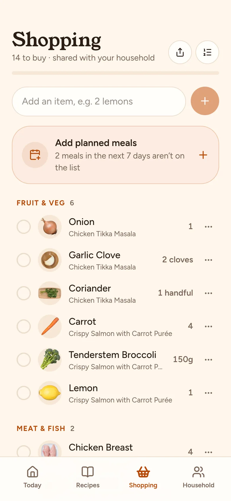 The shopping list on a phone, grouped under Fruit & veg, each item with its amount and the meals it’s for.